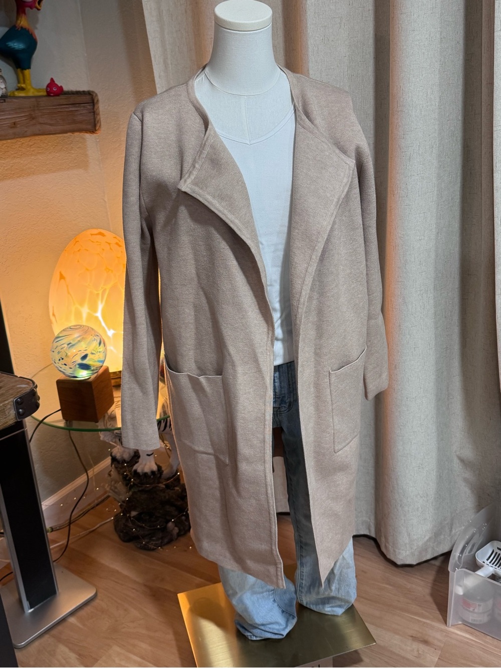 Beige Open-Front Long Coat